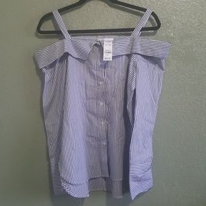 Active pinstripe cold shoulder woven top